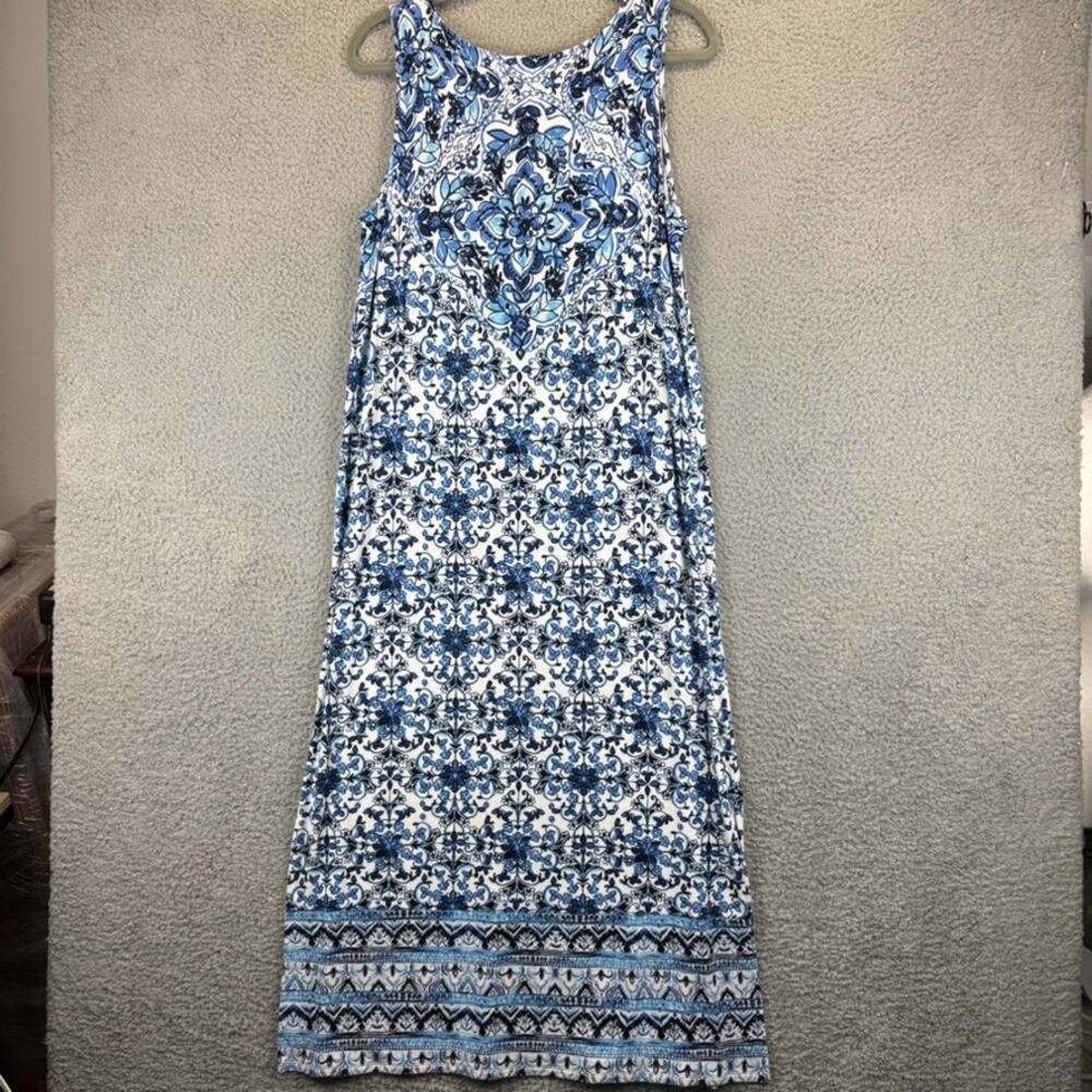 J Jill Dress Medium Beach Coastal Jersey Knit Midi Tile Print Stretch Comfort - Picture 10 of 13